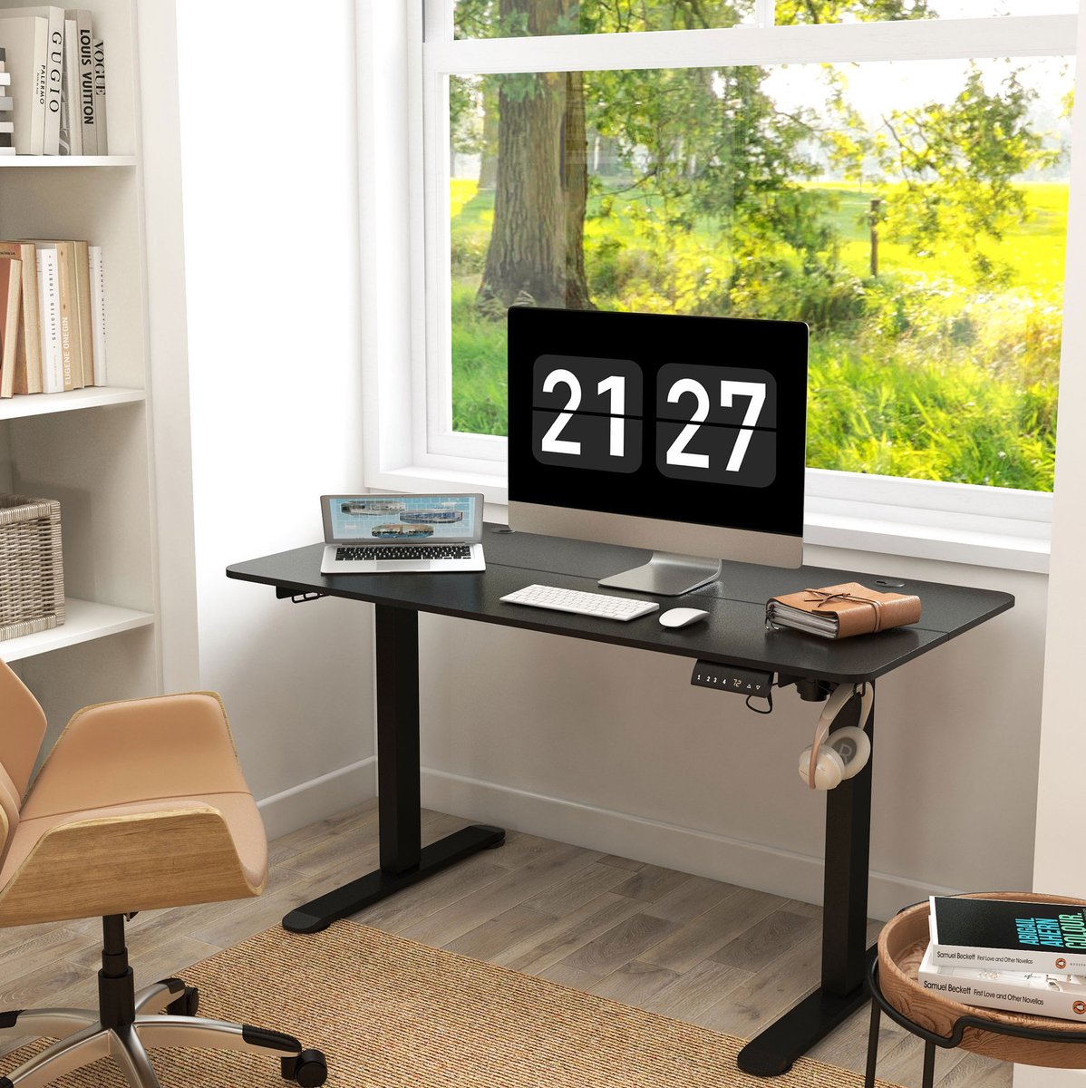 MEUNIQ elektrisch verstelbaar zit-sta bureau 140 x 70 cm met 4 geheugenstanden, anti-collision, oververhittingsbeveiliging, kabeldoorvoeren en haken, zwart