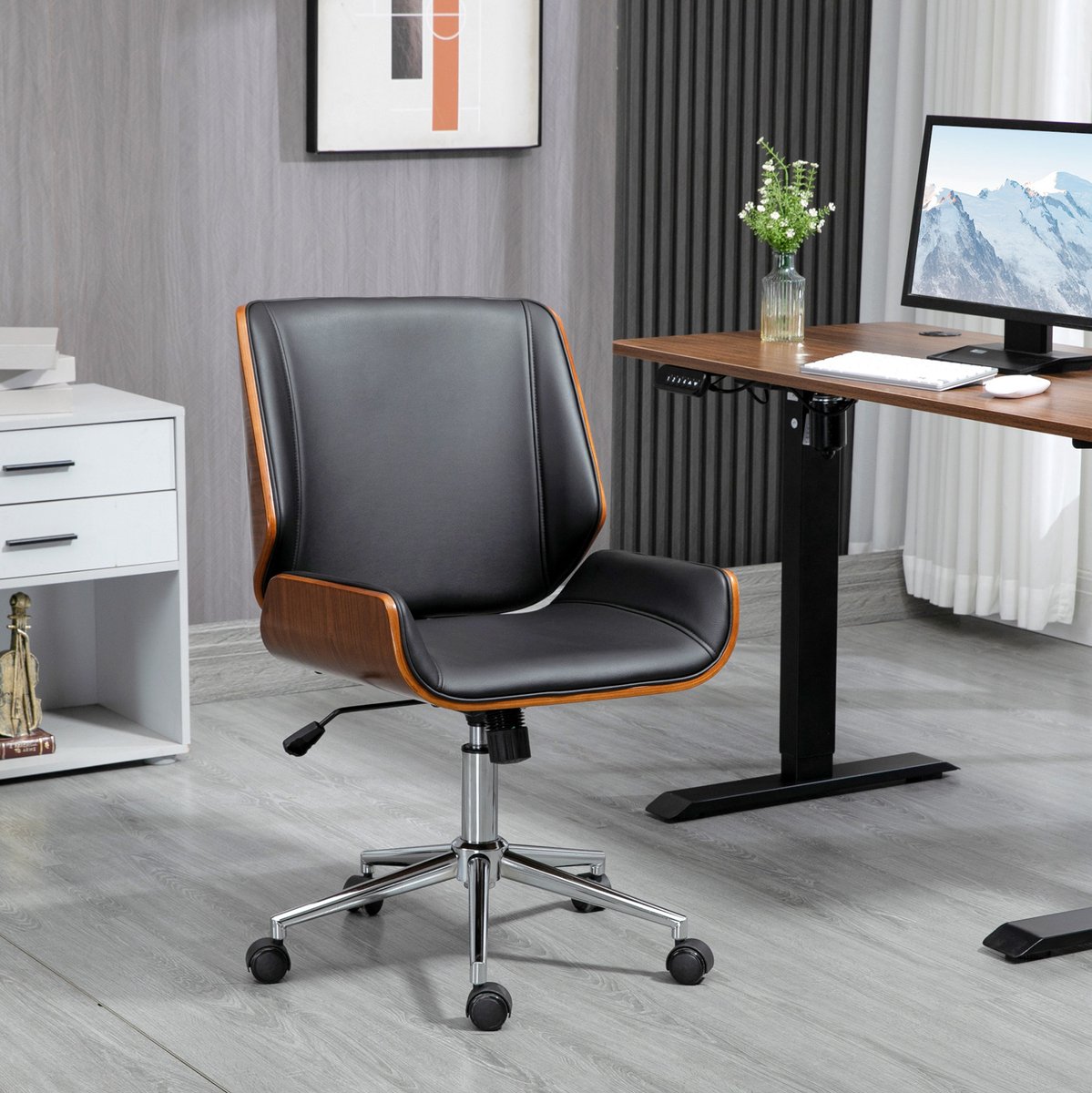 MEUNIQ retro bureaustoel verstelbare zithoogte 46-56 cm met kippfunctie, draaibaar, vaste armleuningen, kunstleer, zwart, met wielen