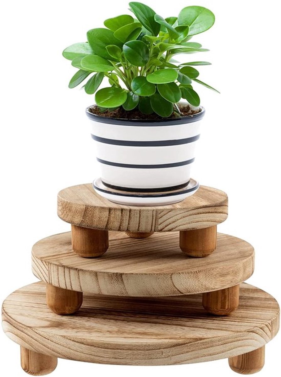 Bloemenkruk Set van 3 - Plantenstandaard - Displaystandaard - Houten Kruk - Ronde Kruk - Bescherming Houten Vloer - Plantenkruk