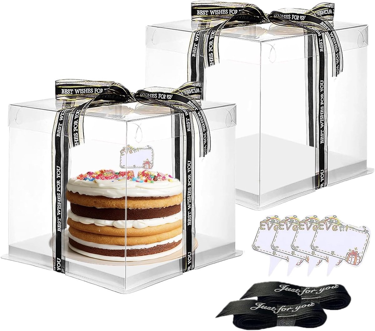 Duidelijke Taartdoos Set van 2, 30 x 30 x 26 cm, Ideaal voor Verjaardagen, Desserts en Feestjes met Pedestal en Strik, Bescherming tegen Stof en Perfecte Presentatie