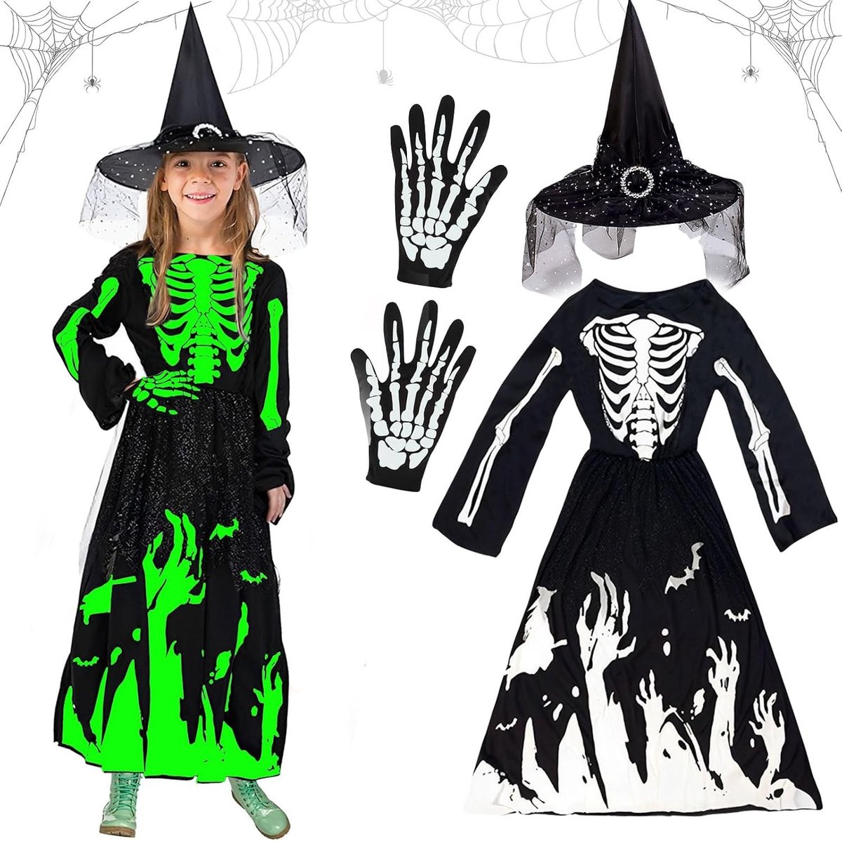 Skelet Prinses Kostuum voor Meisjes, Halloween Outfit met Handschoenen en Hoed voor Carnaval en Cosplay