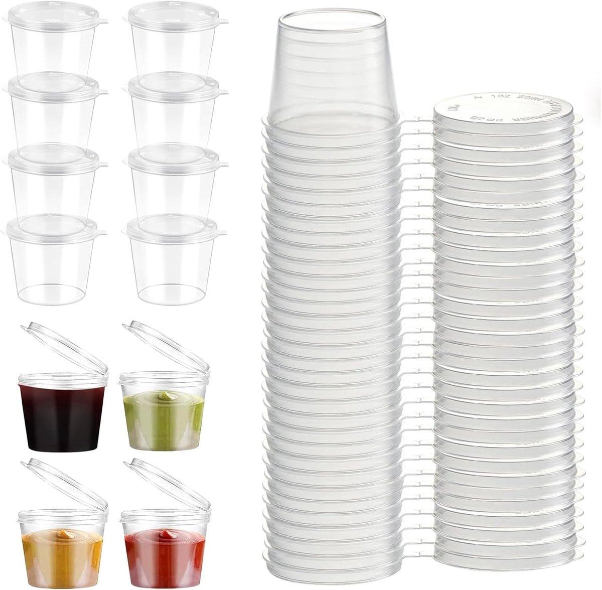 Kleine plastic potjes met deksel, 100 stuks van 25 ml | Lekvrije opbergdozen voor sauzen, dips en specerijen, herbruikbare vershouddozen