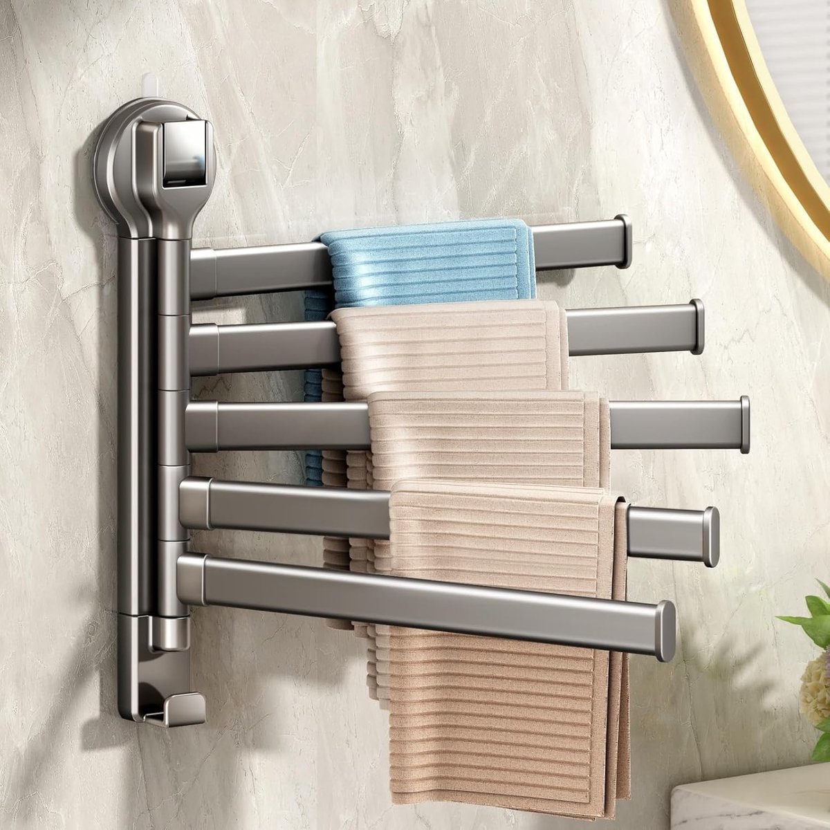 Handdoekhouder - Grijs - 4 Armen - Zelfklevende, 180° Draaibare Handdoekstang - Voor Badkamer en Keuken