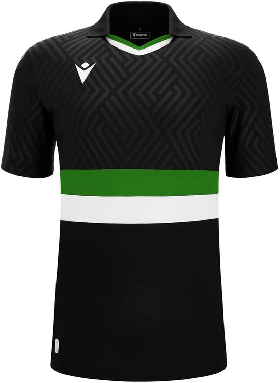 Zwart Macron sportshirt met geometrisch patroon, witte kraag, groene en witte horizontale banen.