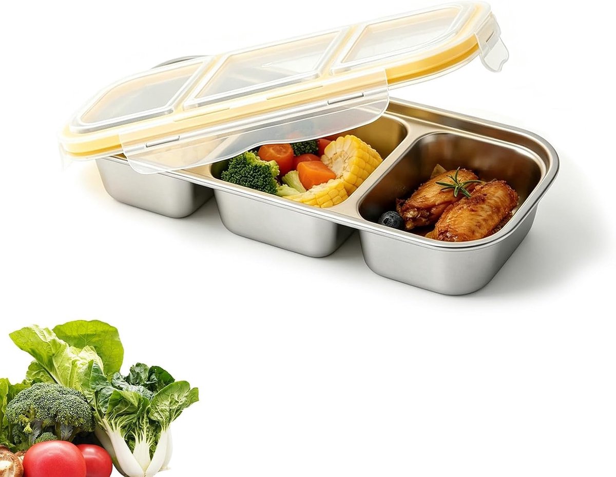 Snackbox met vakken - Broodtrommel RVS - Maaltijden Meenemen - Lekvrij deksel - 600 ml capaciteit - Zilver