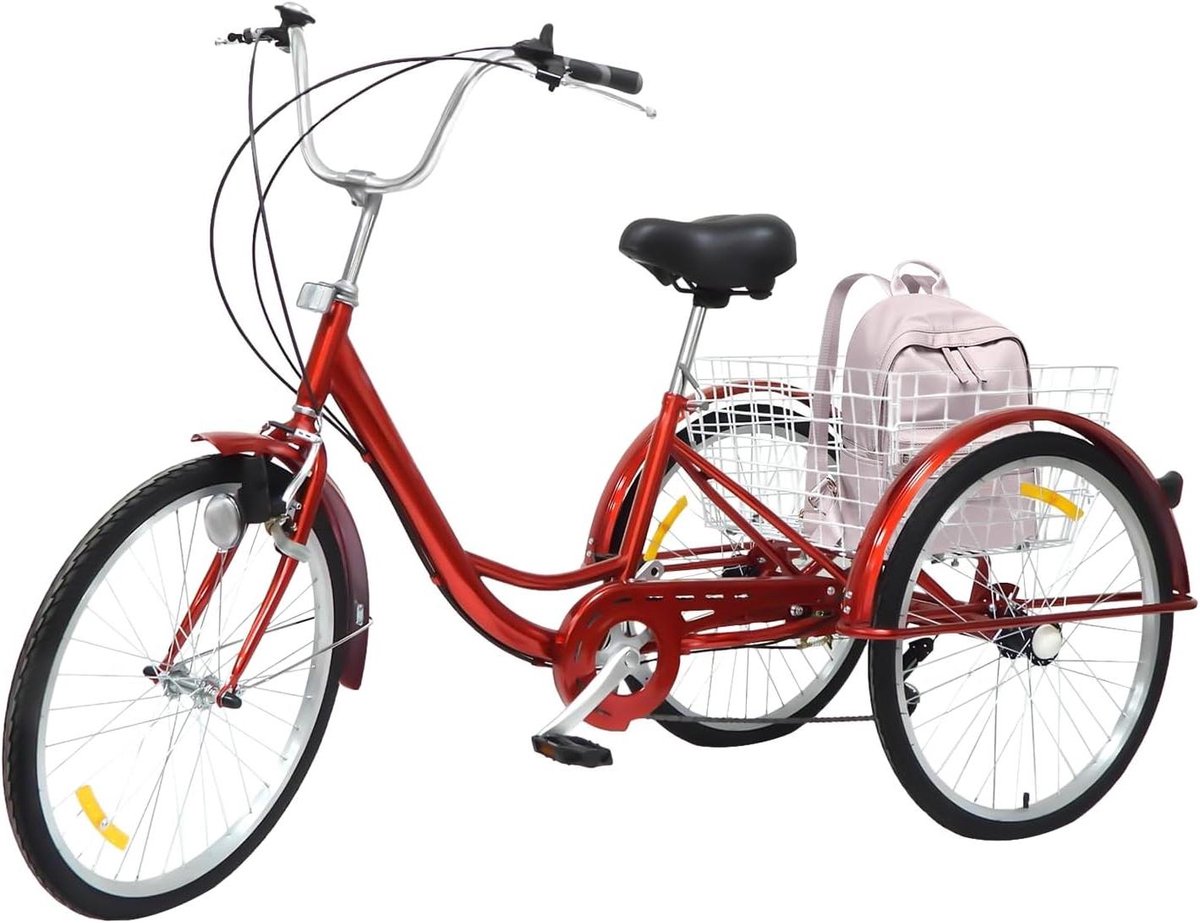 Driewieler voor volwassenen - Bakfiets Seniorenfiets - Boodschappen doen - Grote opbergmand - 24 inch wielen - Rood