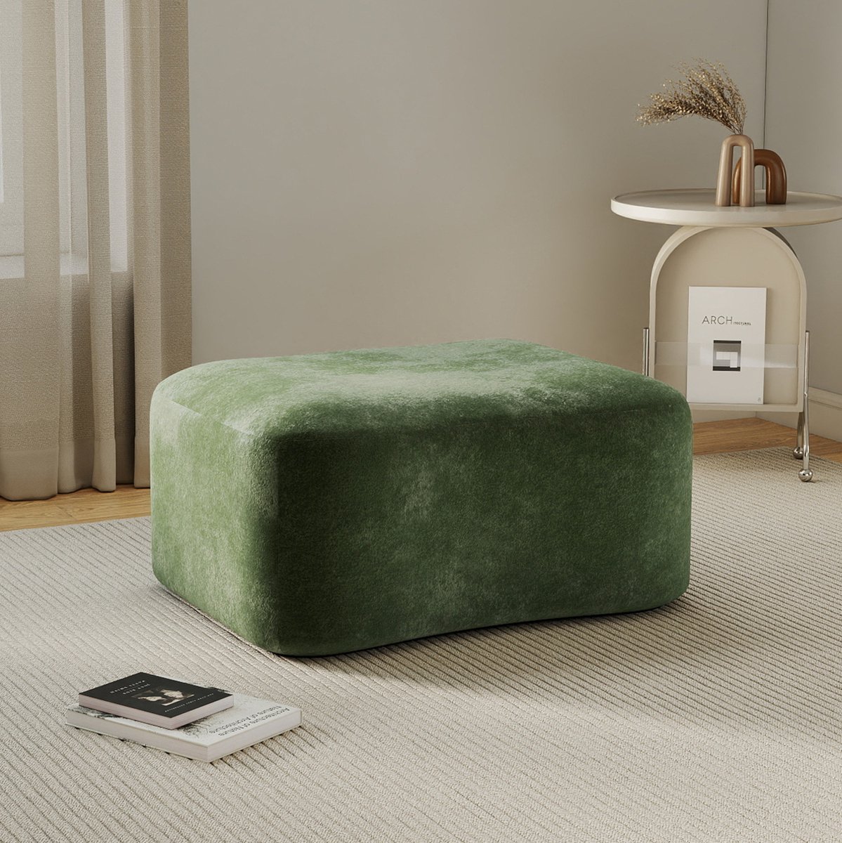 Poef – Rechthoekig Soft Design – 96 x 69 x 45 cm – Fluweel – Groen – Voor Woonkamergebruik