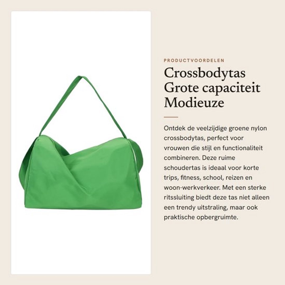 Crossbodytas grote capaciteit - Duurzame nylon tas - Modieuze schoudertas dames - Ideaal voor school/reizen - Ruime afmetingen 40x26x23 cm - Veilige ritssluiting