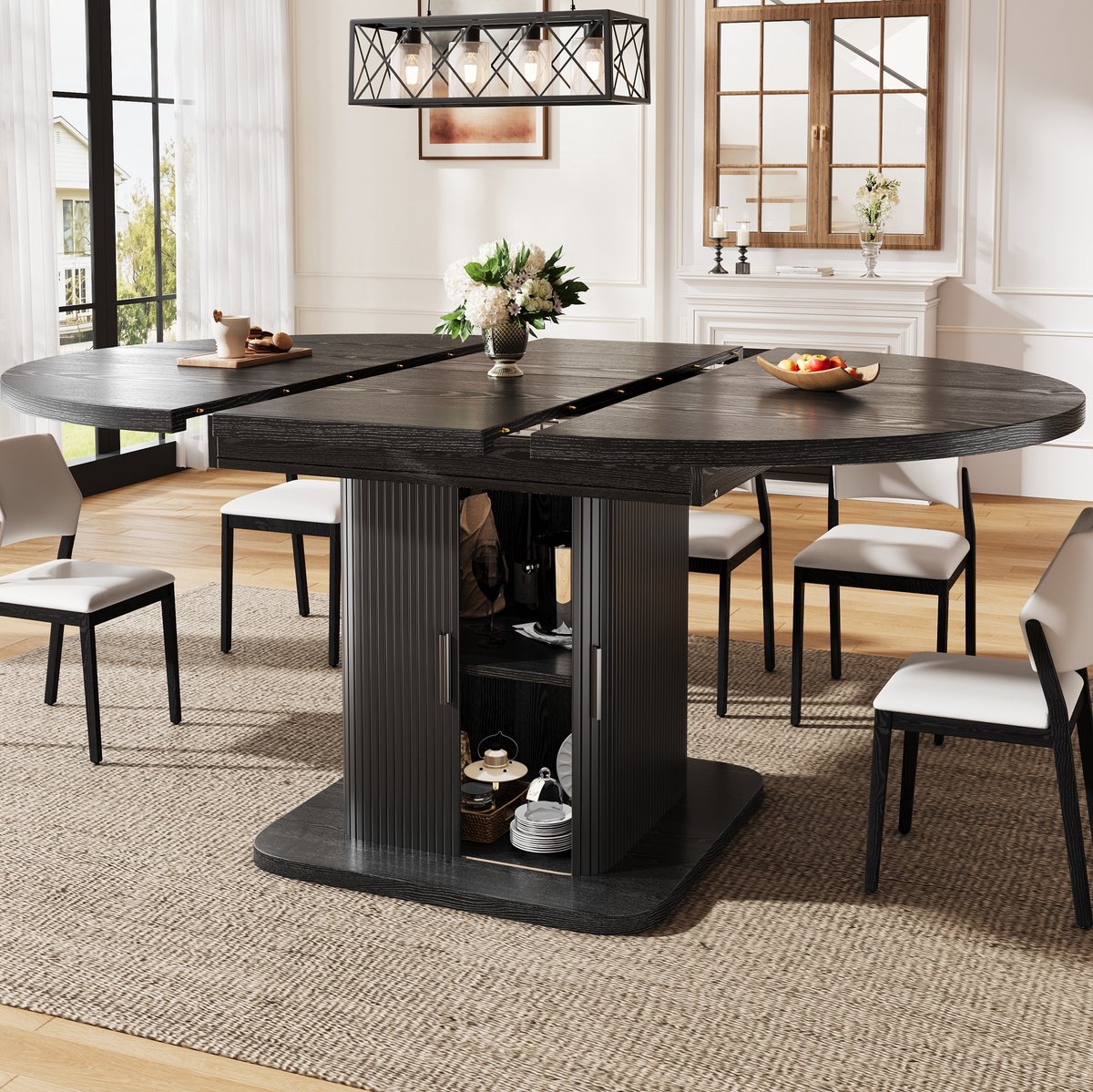 DESMIU Eettafel Met Opbergruimte En Schuifdeuren Ovaal Uitschuifbaar Modern Voor Woonkamer En Eetkamer MDF Metaal Zwart 110 149 8 Cm