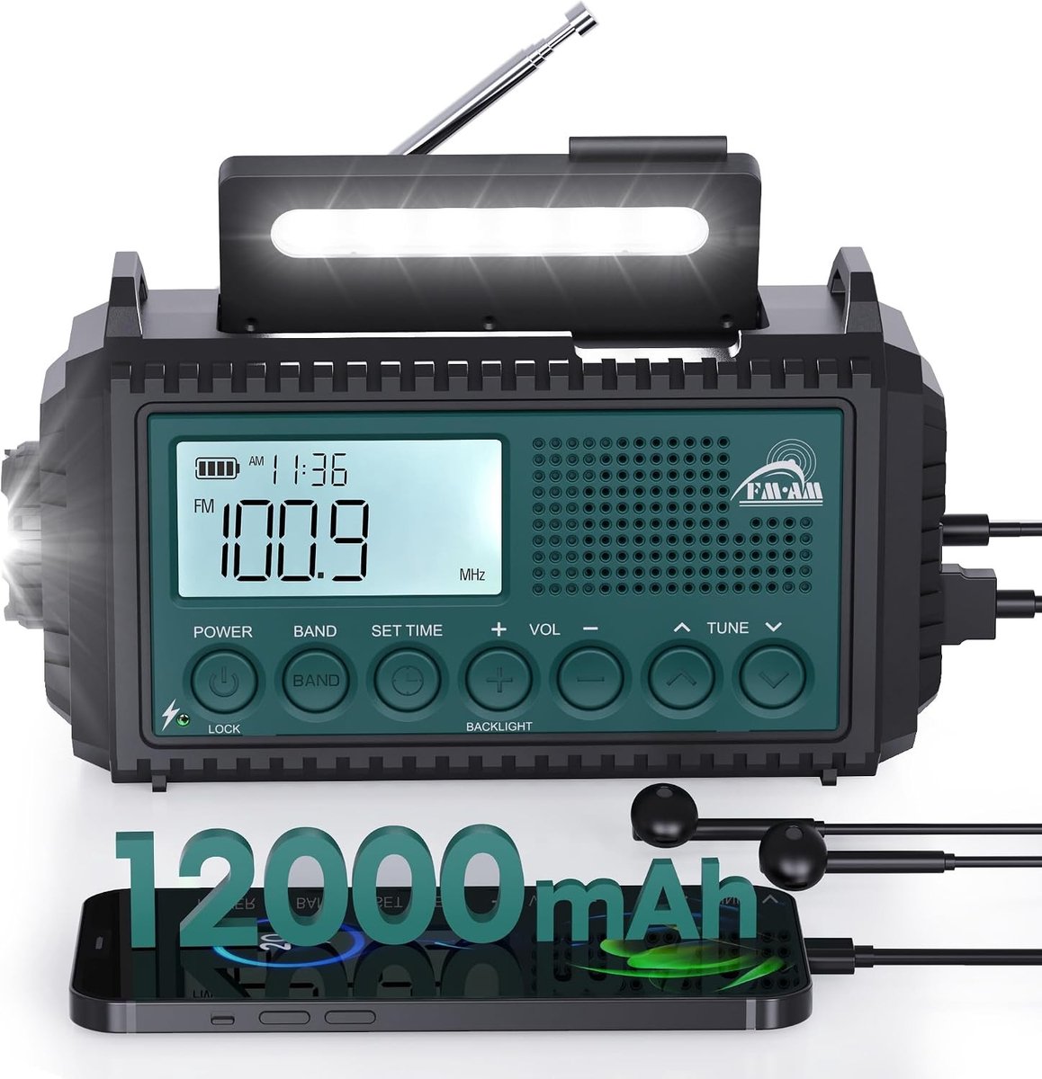 Noodradio solar en opwindbaar - Blauw - 172 x 94 x 63 mm - Multifunctionele 6-in-1 Noodradio met Powerbank en LED-lamp - Voor Outdoor en Noodsituaties