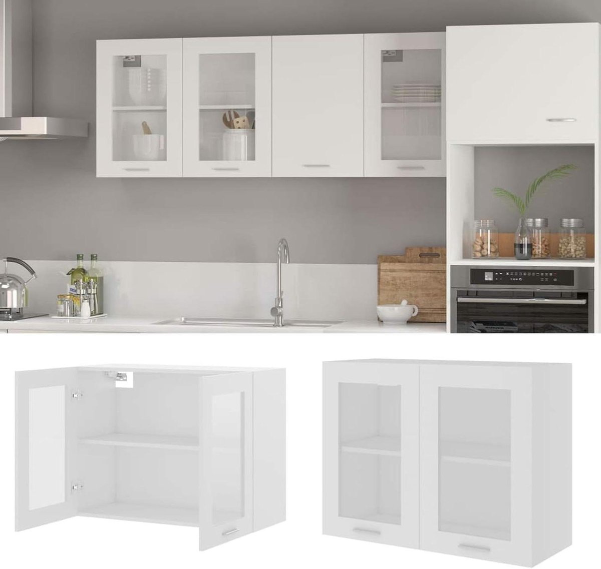 Hangkast Keuken - Opbergkast Keukenmeubel - Keuken Organiseren - Met Glazen Deur - 80 x 31 x 60 cm - Wit