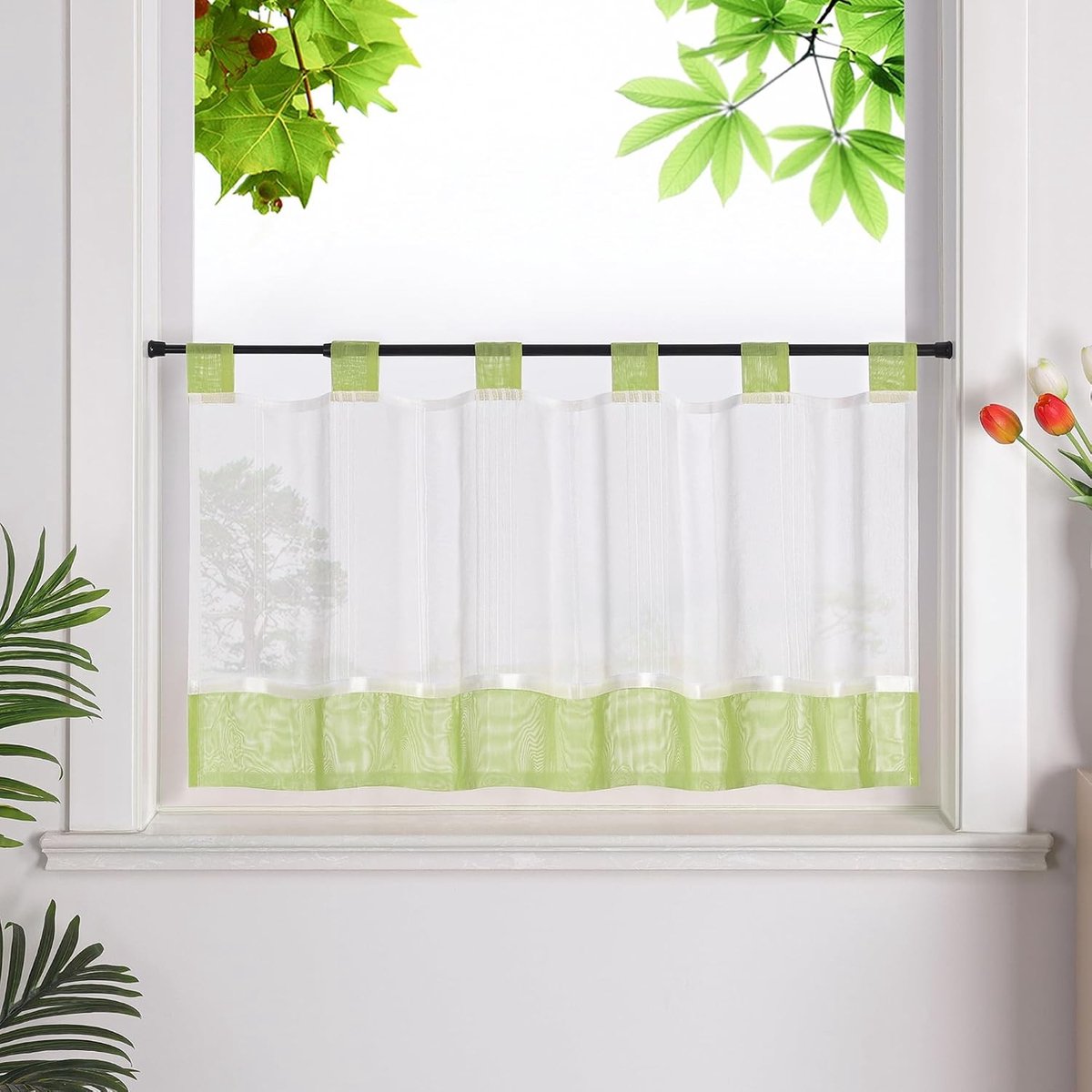 Gestreepte paneelgordijnen - Groen - 45x120 cm - Linnen Look Polyester - Voor Keuken en Woonkamer