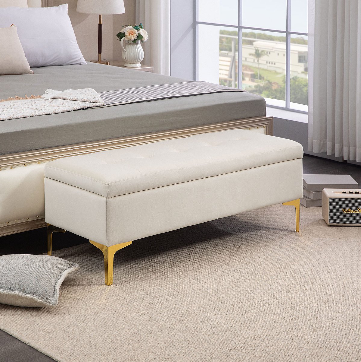 MIVRAY Bedbank – Met Verborgen Opbergruimte – 120 x 44 x 44,5 cm – Polyester En Metaal – Beige – Voor Slaapkamer En Hal