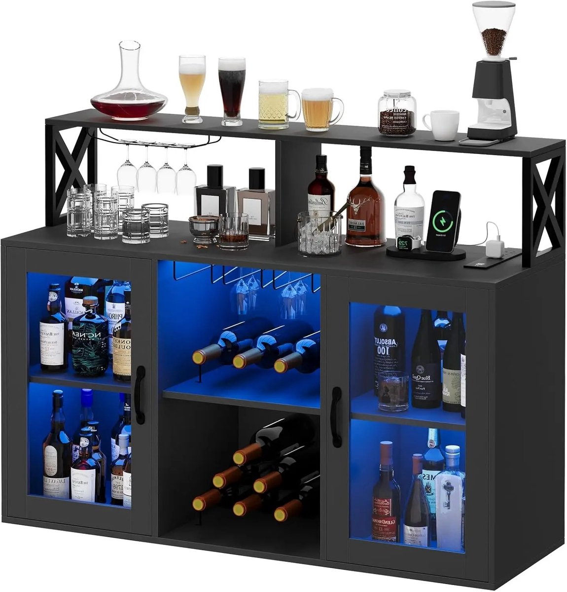 Archi Wijnbar - Wijnkast - Barkast - Met LED-Verlichting & Stopcontacten – Wijnrek en Glazenhouder – Zwart – 120 × 40 × 91 cm