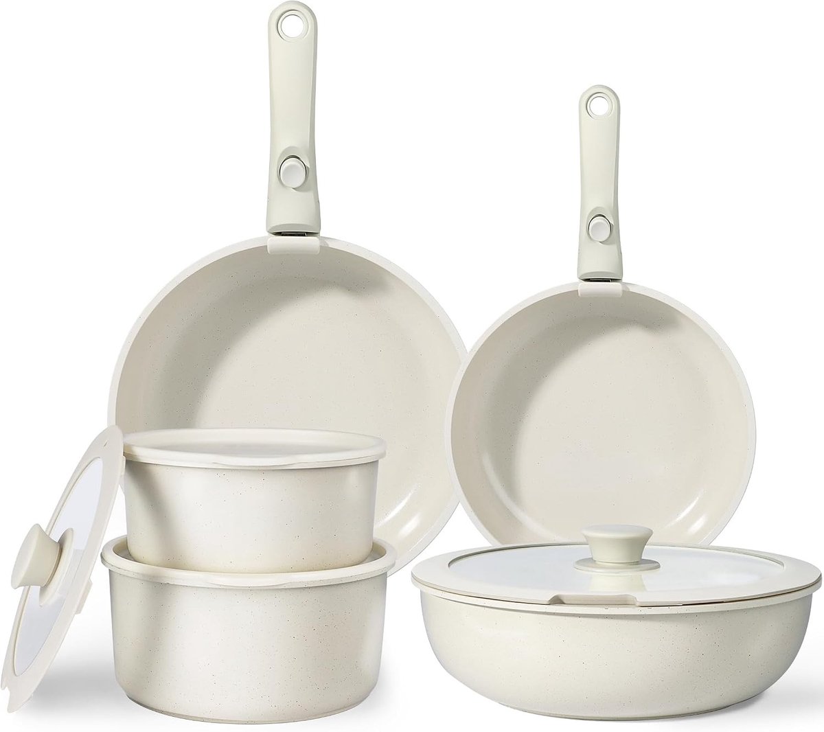 Inductie pannenset - Wit - 11-delig - Antiaanbaklaag met afneembare handgreep - Voor gezond koken en ruimtebesparing