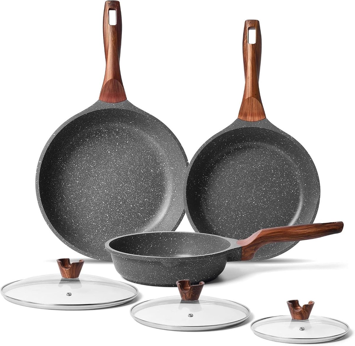 Inductie pannenset - Grijs - 20, 24 en 28 cm - Granietcoating met Deksel - Stekpannen voor Gezond Koken