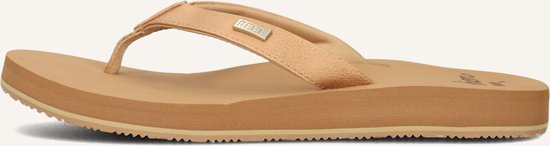Bruine Reef teenslipper met beige bandje en gouden logo, zijkant view.