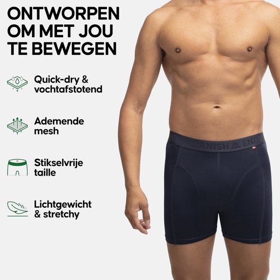 Man in donkerblauwe boxershorts met tekst 'ONTWORPEN OM MET JOU TE BEWEGEN' en icoontjes.