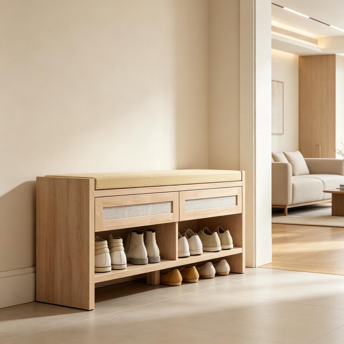 MIVRAY Schoenbank – 108 x 35 x 50 cm – Met Opbergruimte En Zacht Zitkussen – MDF En PE-Rotan – Lichtbruin – Voor Hal En Entree