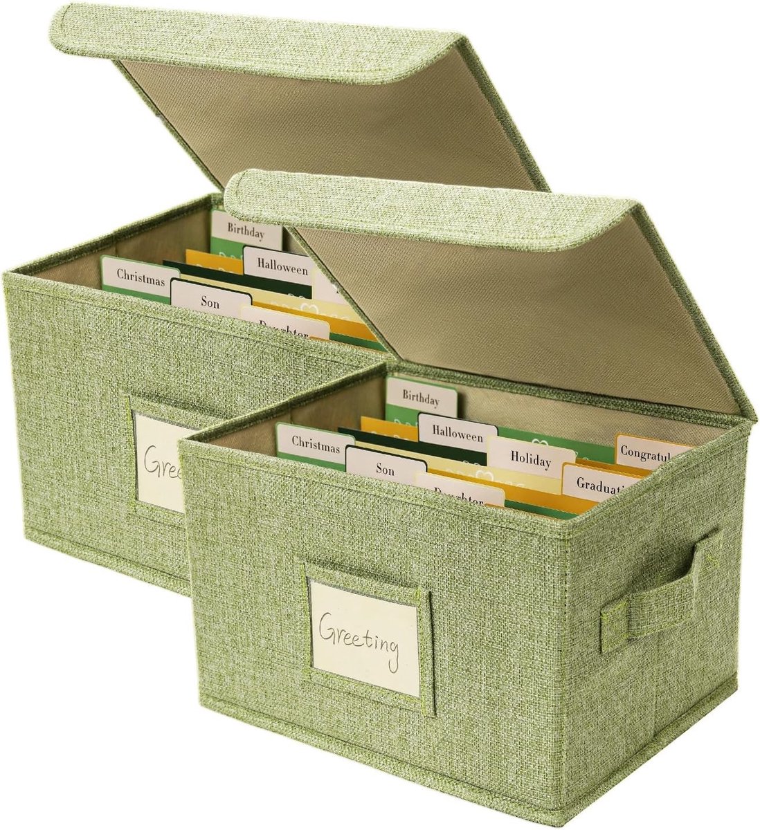 Opbergdoos voor wenskaarten met 40 verwijderbare vakken, 168 zelfklevende labels, ideaal voor foto's, enveloppen en scrapbooking, 2 stuks, groene kleur