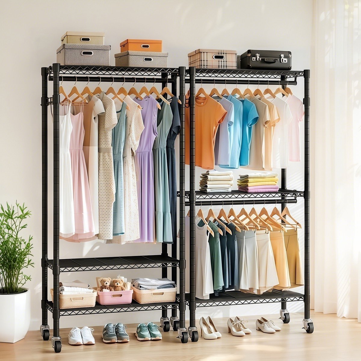 Kledingrek Rolbaar Met Wielen – 90 X 43,5 X 180 Cm – Staal – Zwart – 2 Stangen En 3 Niveaus Voor Slaapkamer En Wasruimte