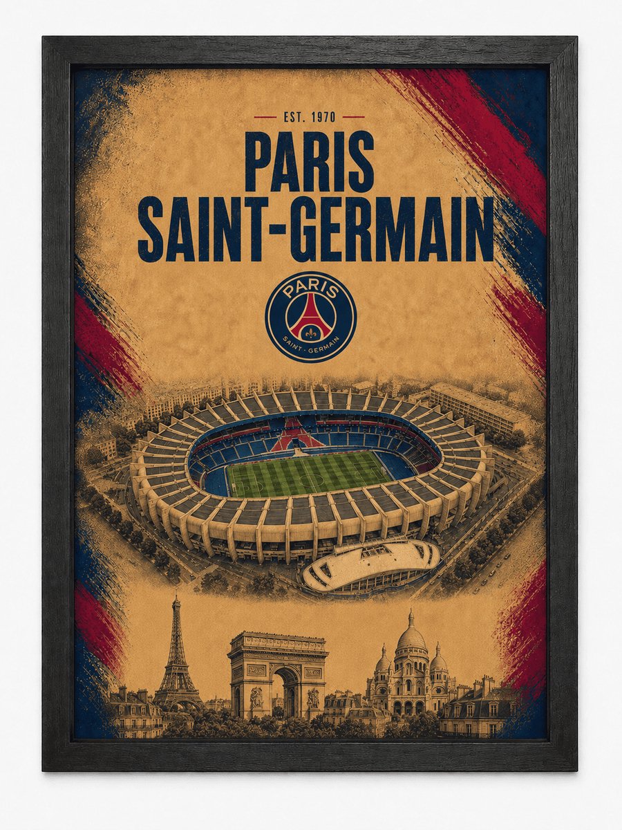 PSG Poster | Parc des Princes & Parijs Skyline | Inclusief Zwarte A3 Lijst