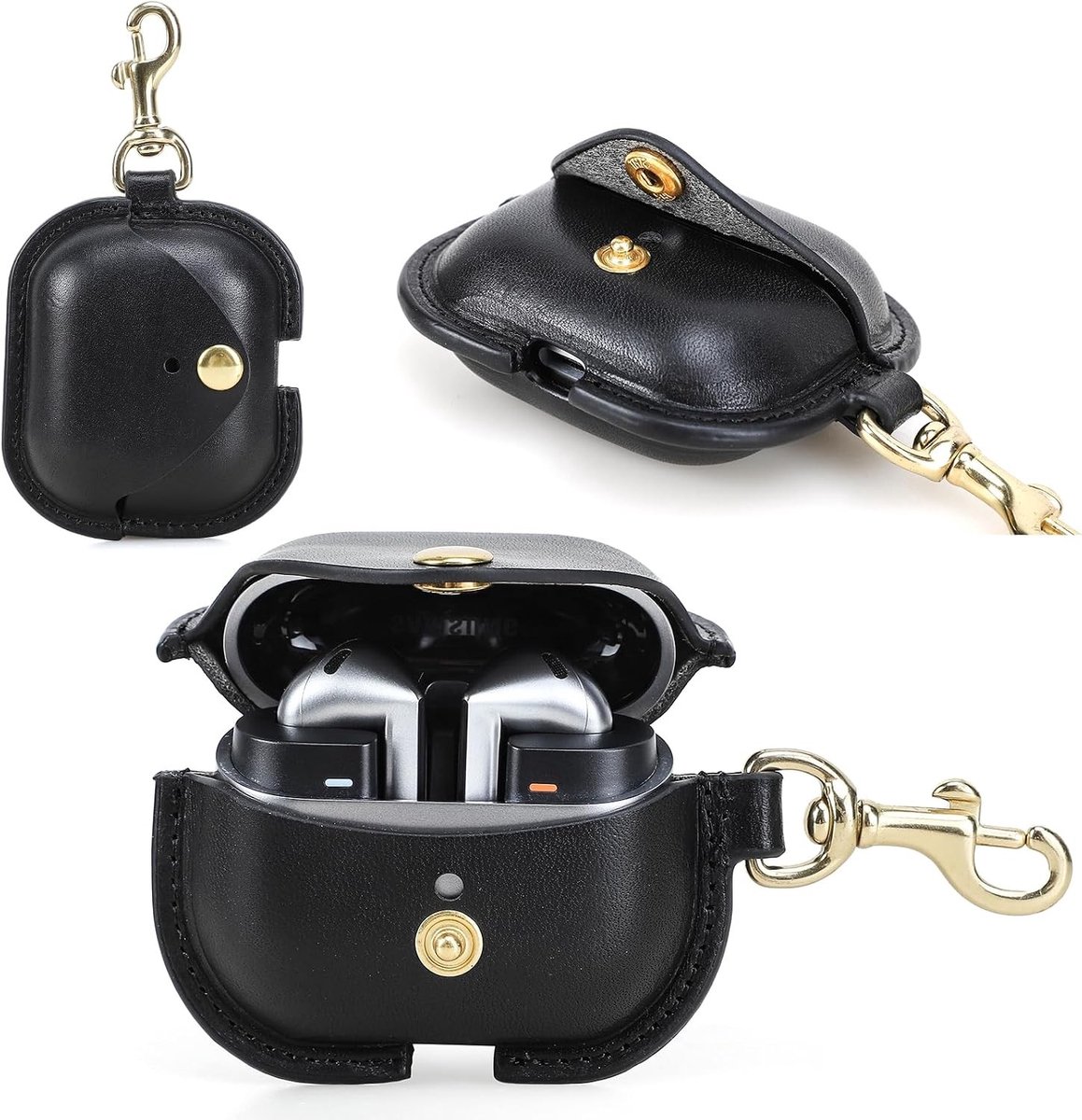 Premium leren oplaadcase voor Samsung Galaxy Buds 3 en Buds 3 Pro, accessoires met sleutelhaak en bescherming (Zwart)