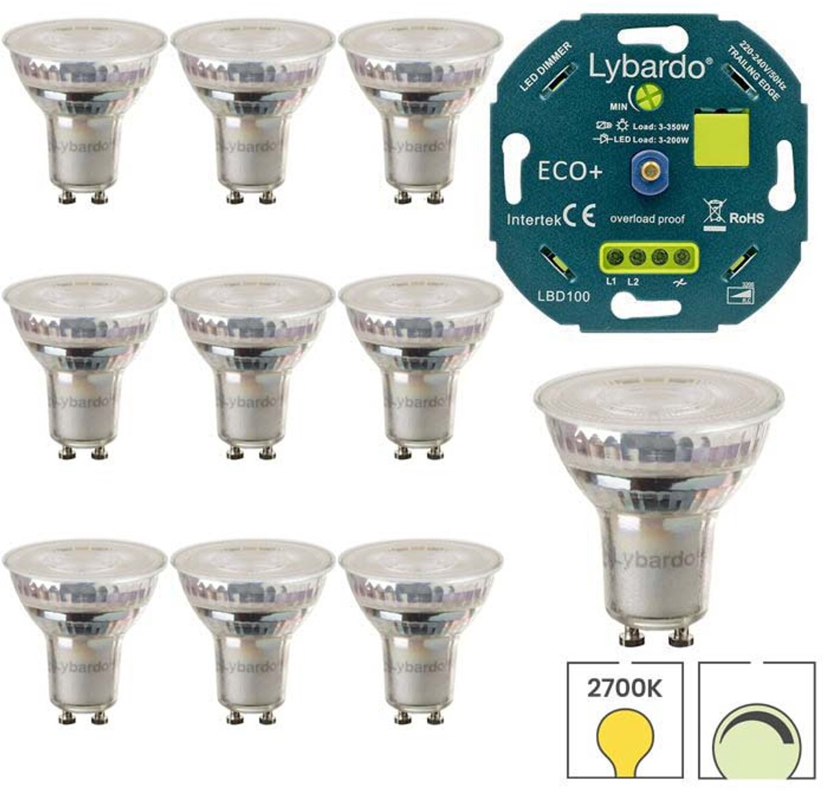 Lybardo - GU10 LED lamp - 10 pack - 4.8W - Dimbaar - 100 Graden - Warmwit Licht + LED Dimmer 3-200W