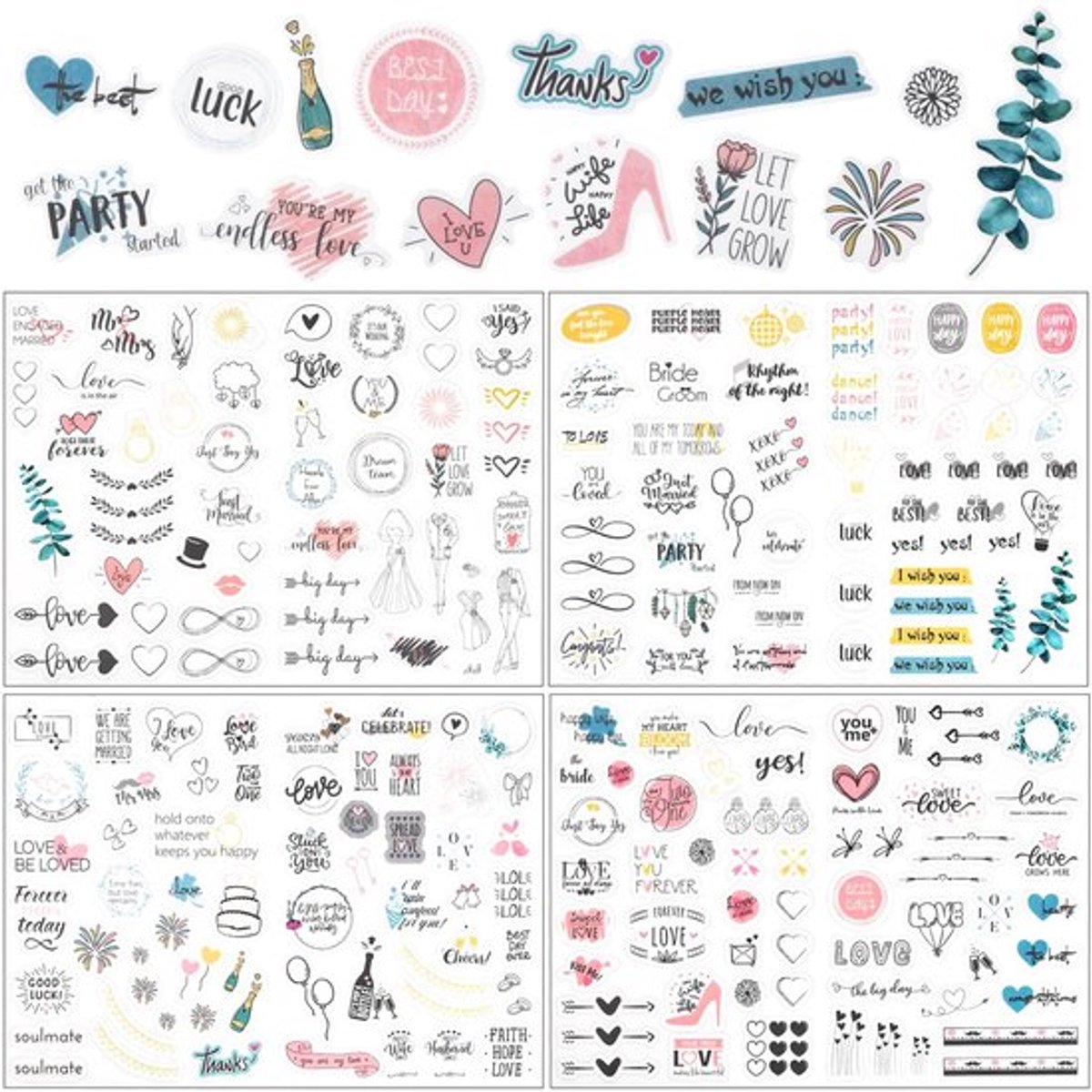 Bruiloftsstickers 230 Stuks - Set van 4 Vellen - Decoratie voor Gastenboek/Fotoalbum - PVC - Goede Hechting - Romantische Sfeer - Trouwstickers