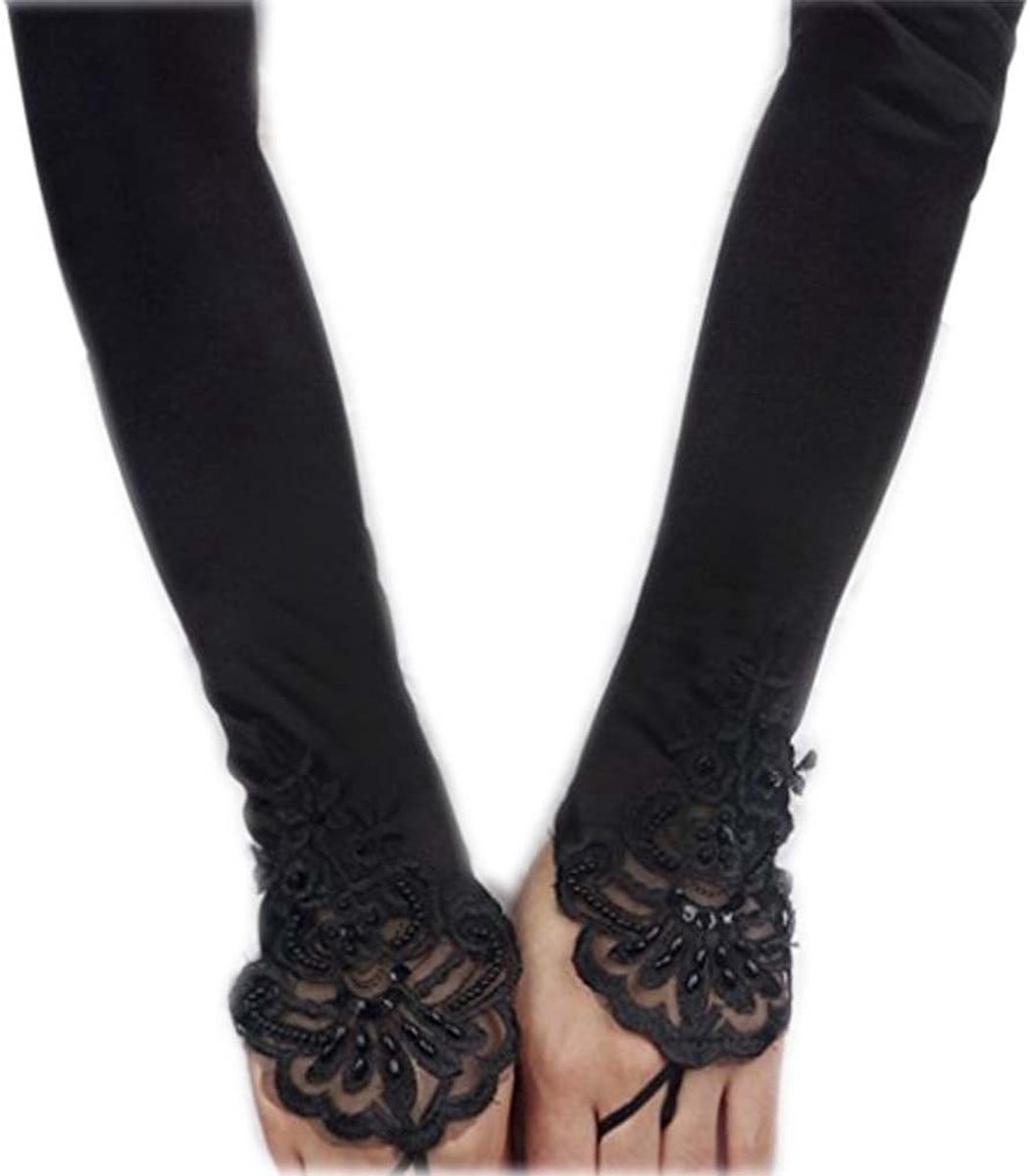 Elegante Lange Vingerloze Bruids Handschoenen van Kant voor Avondfeesten en Bruiloften - Zwart en Wit, One Size