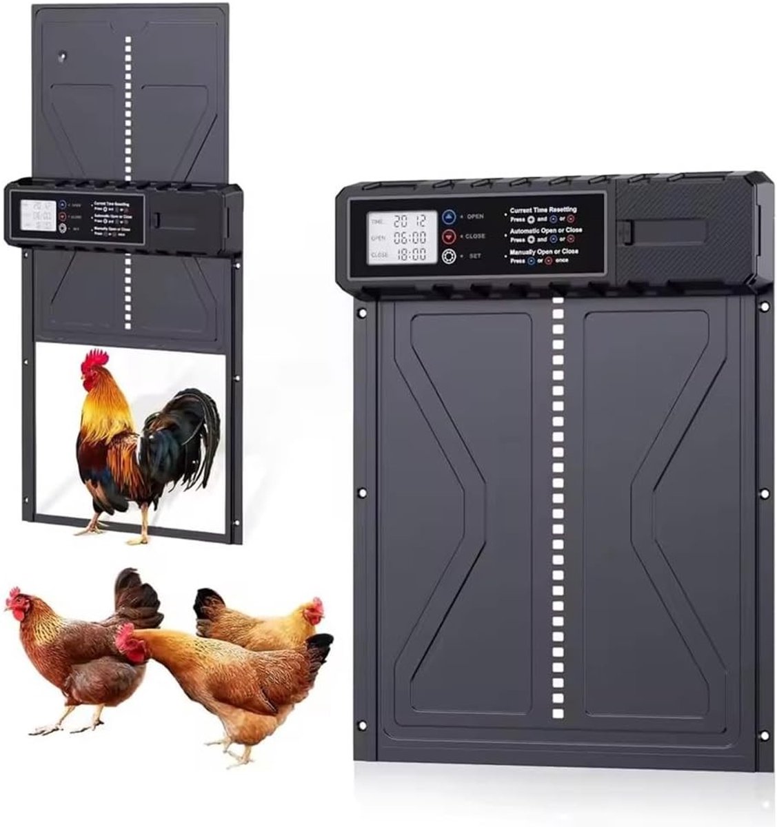 Automatische kippenhokdeur van aluminium, waterdicht display, timer en klembescherming voor veilige kippenopvang