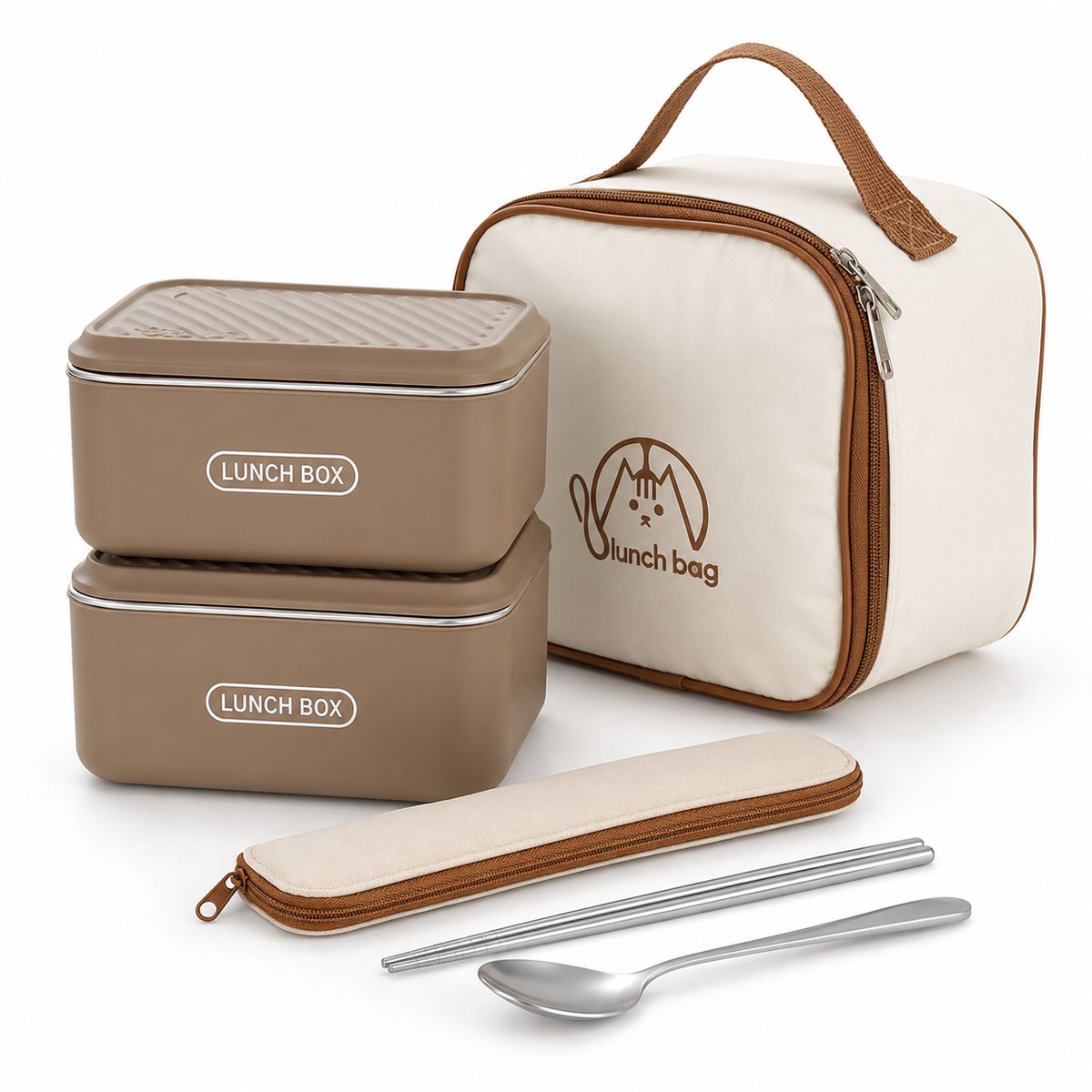 Bobypet - 2 Stuks RVS Voedselopslag Bakjes met Deksel - 600ml Lekvrije Lunchbox van Roestvrij Staal met Isolatietas en Bestek in Off-Khaki