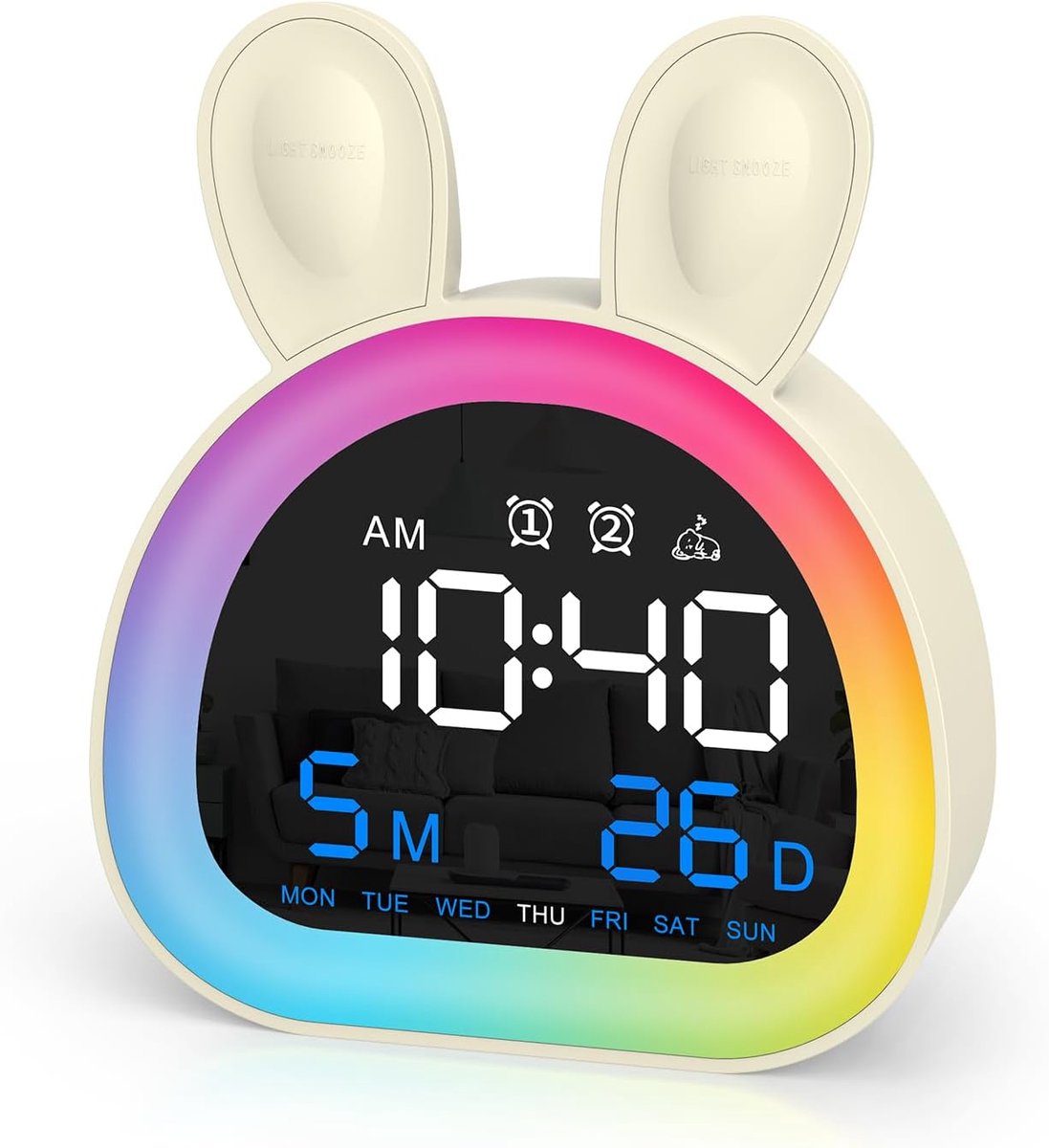 Bobypet - Rabbit Kinderwekker met Nachtlampje - Slaaptrainer Kind - Dubbel Alarm - Herlaadbaar - Bluetooth Tijdssynchronisatie - Cadeau voor Jongens en Meisjes - Wit