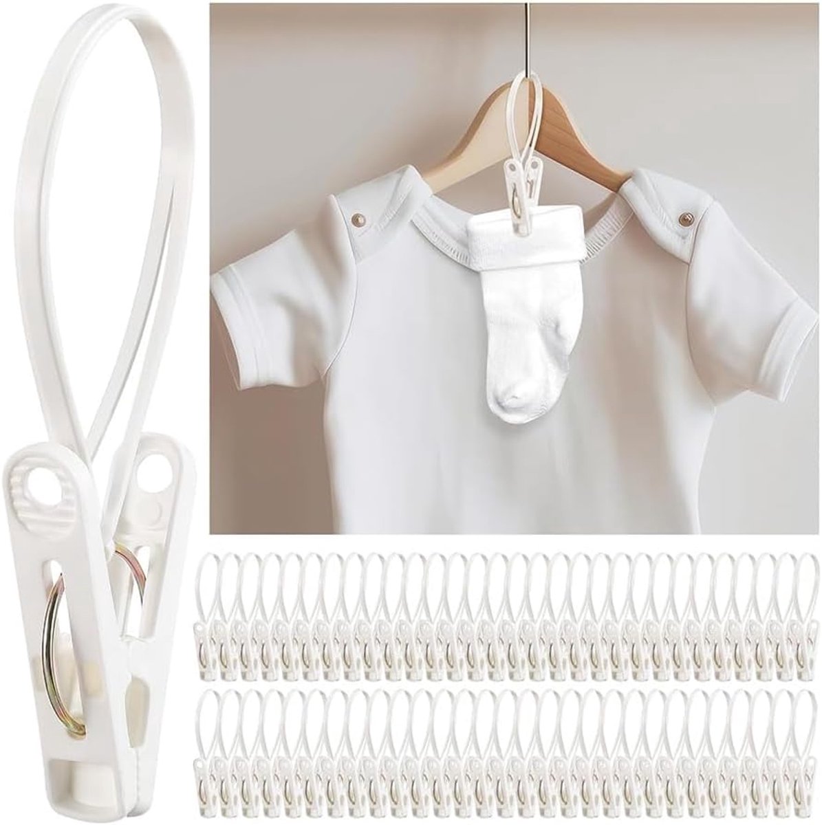 60 stuks waslijn haken met clips en touw, kunststof hangclips voor babykleding, winddichte ruimtebesparende opbergoplossing voor kast en droogrek