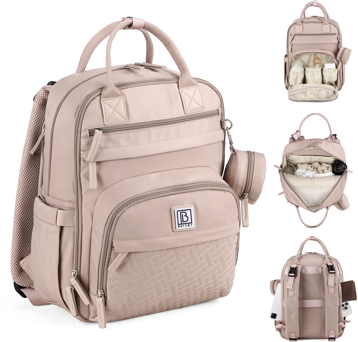 Brisby Premium Luiertas – Uitgebreide en Functionele Verzorgingstas – met buggymontage – Anti Diefstal Vakken - Reistrolley Sleeve - Inclusief verschoonmatje t.w.v.15,99 euro en speenhouder - Levenslange Garantie -Muted Rosé