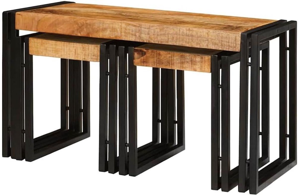 Nestingtafels Set - Bijzettafels Stapelbaar - Woonkamer Decoratie - Massief Mangohout Metaal - 3 Stuks - Bruin Zwart