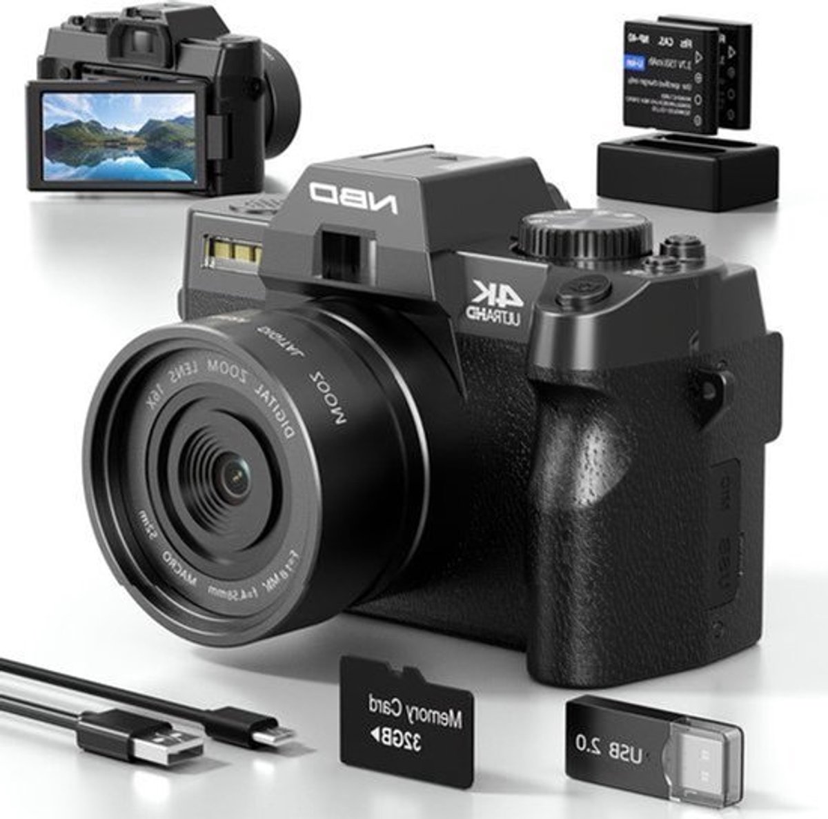 48MP Digitale Camera – Fotocamera – Vlogcamera – Compact Camera – Reiscamera – 4K Videoresolutie – WiFi & App Controle – 16x Digitale Zoom – Anti-Shake – 32GB TF-kaart – Dual Batterijen – 52mm Groothoek & Macro Lens