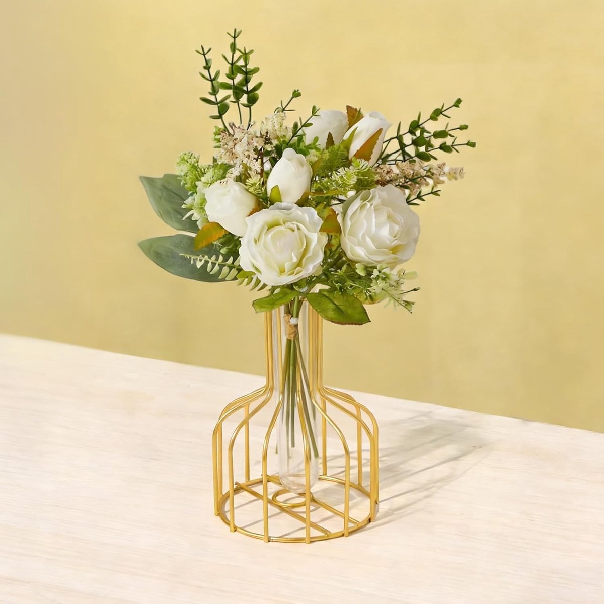 Realistische Kunstrozen Boeket met Vaas voor Tafelversiering in Huis, Kantoor en Bruiloft - Boerderijstijl (Wit) - Perfect voor Interieur, Feestdecoratie en Cadeaus