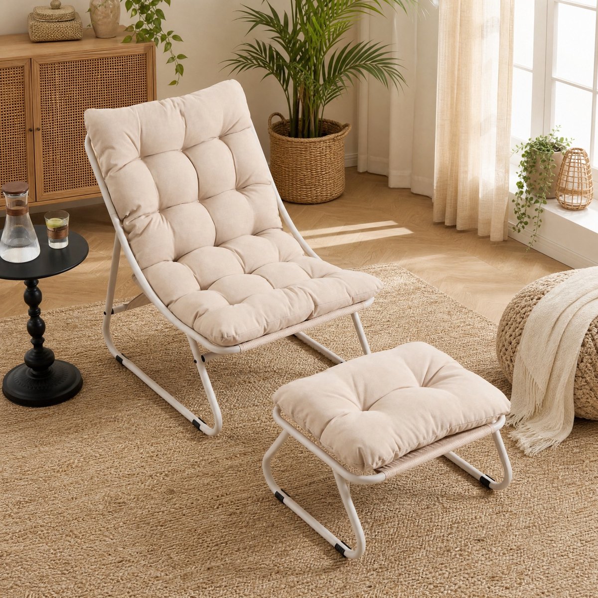 COVREO Fauteuil 65x78x86 cm beige, metalen frame met hocker en kussen