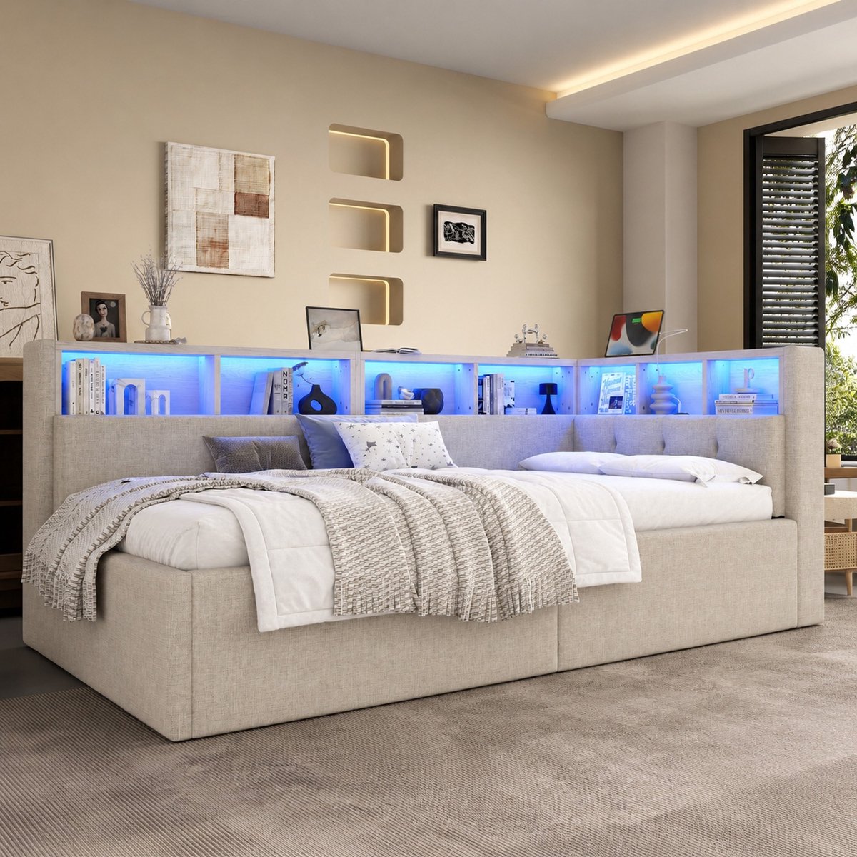 COVREO Slaapbank 90x200 cm beige, linnen MDF, LED en opbergruimte