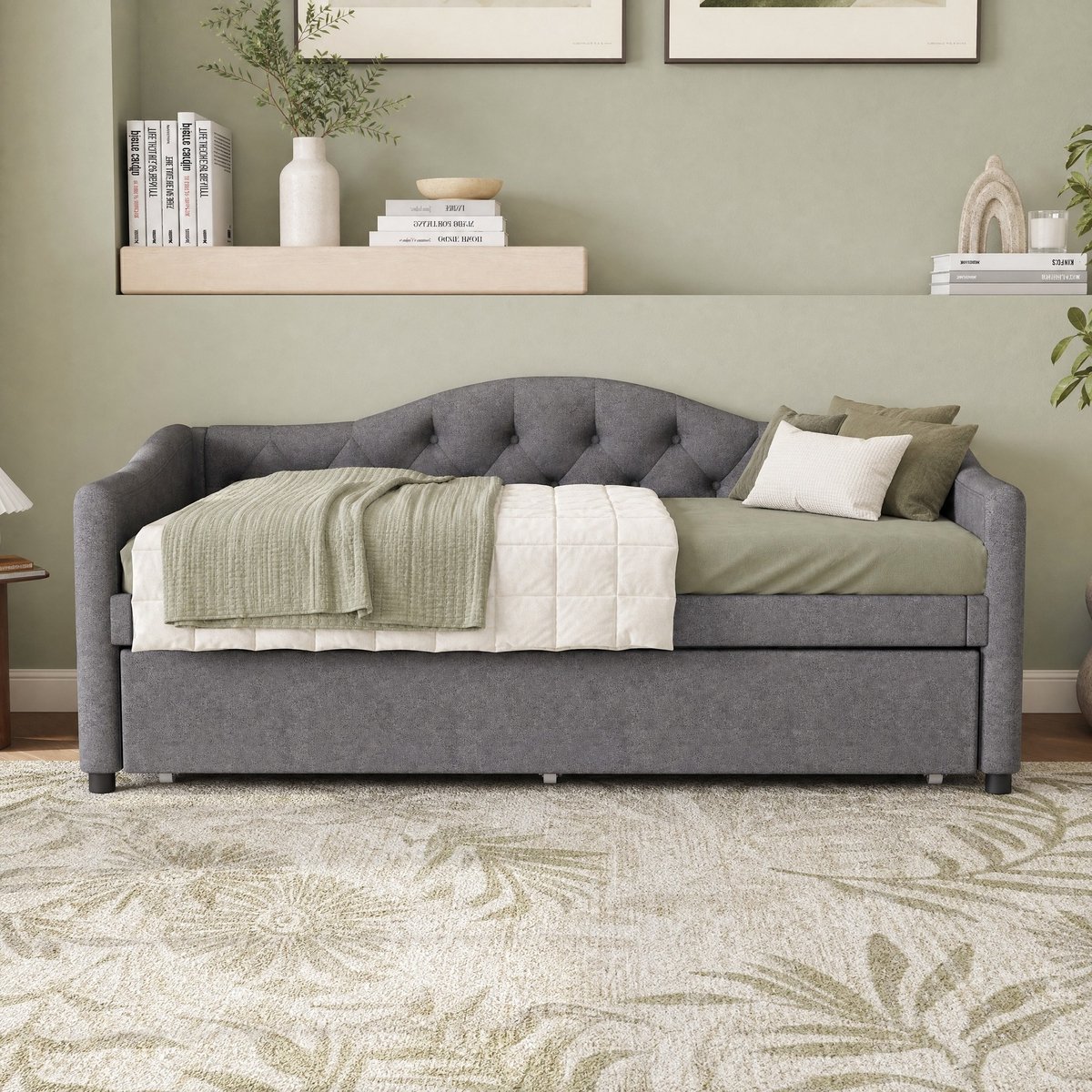 COVREO Slaapbank 90x200 cm grijs, linnen en MDF, met uitziehbaar bed