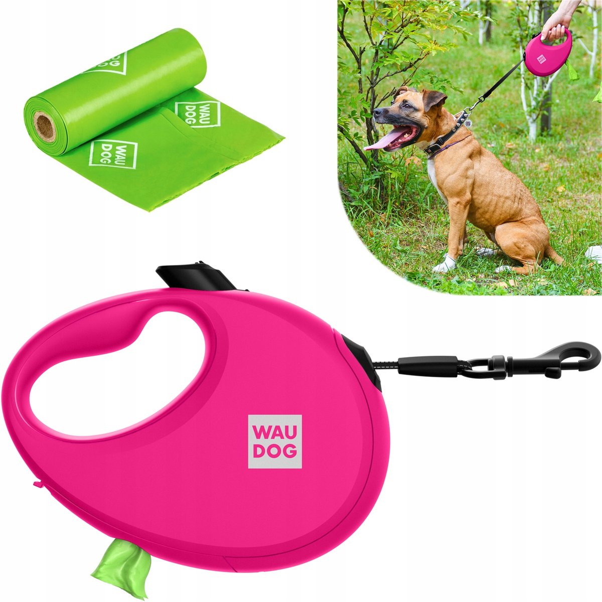 Automatische Hondensnoer Roze - Maat M, tot 20kg, met Poepzakhouder