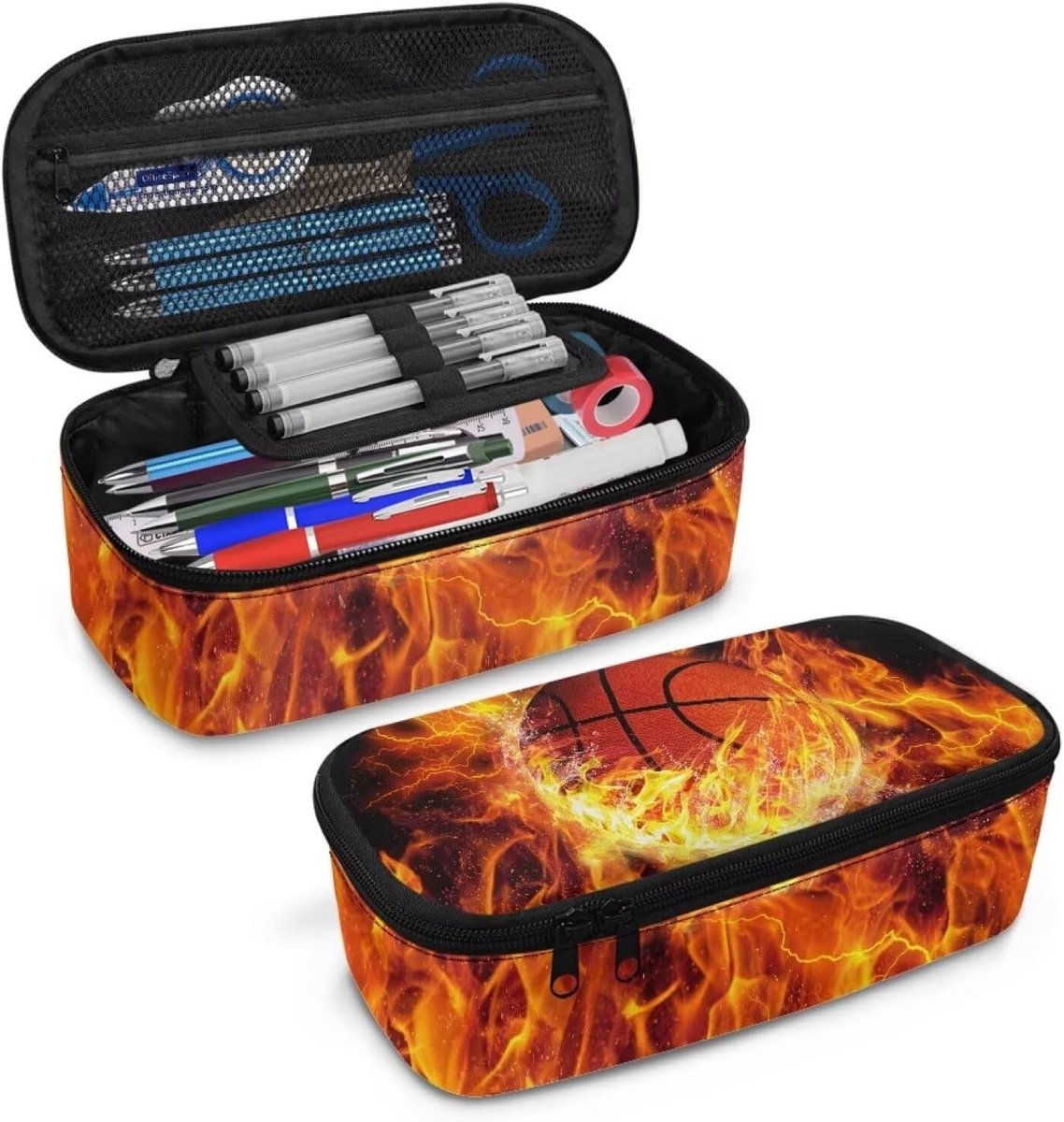 Blauwe Baseball Pennendoos voor Jongens - Coole 3D Brandende Basketbal, Organizer voor Kinderen van 8-12 Jaar, Perfect voor School en Hobby's