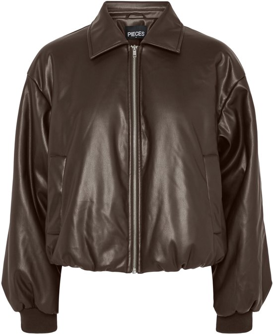 Bruine Padded Coated bomberjack van PIECES met zilverkleurige rits en kraag.