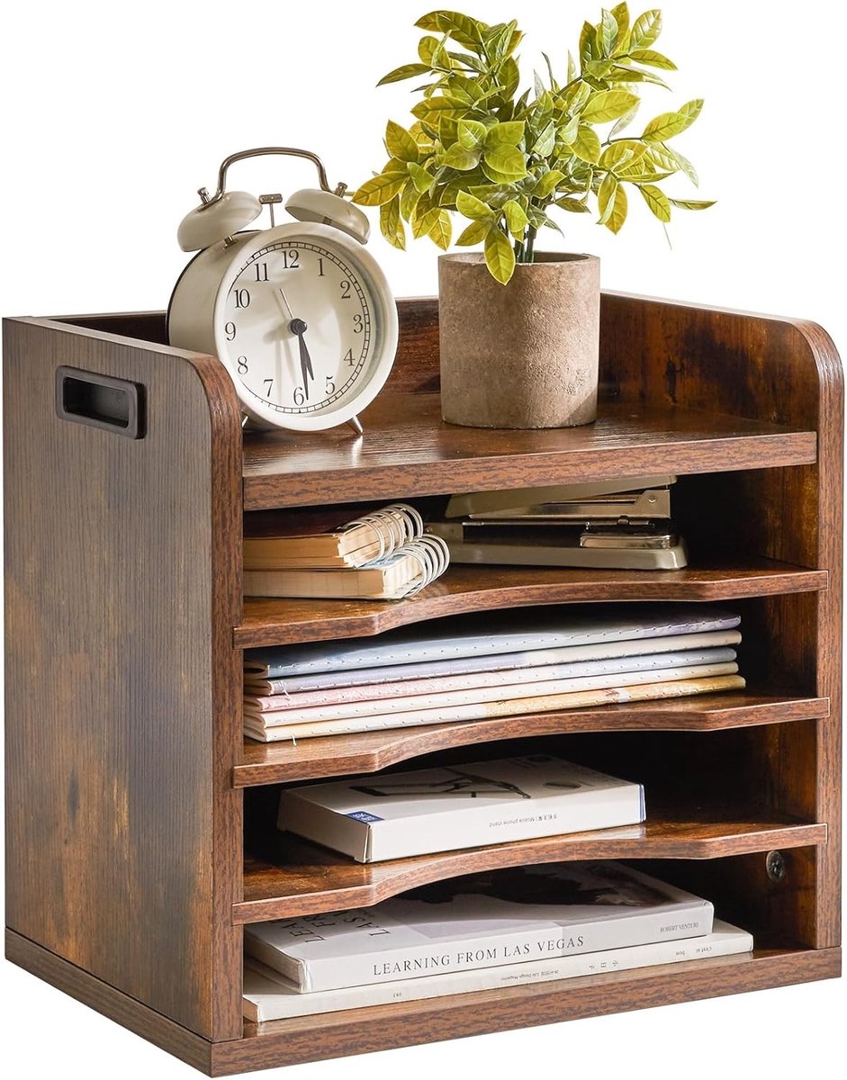 Desktop Bestandsorganizer met 3 Verstelbare Planken, 5 Laags A4 Documenthouder voor Kantoor en School, 34 x 23 x 31.5CM Rustiek Bruin
