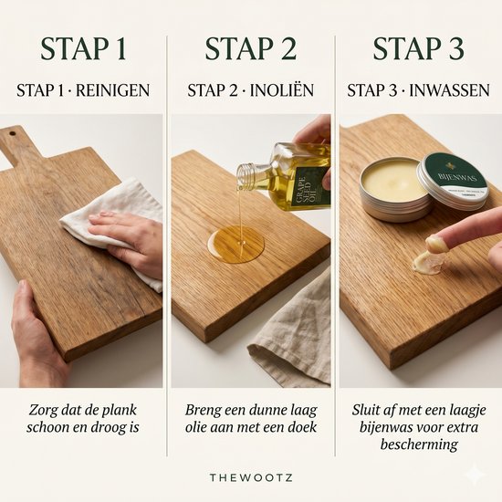 Drie stappen voor het onderhoud van een houten snijplank: reinigen, olie aanbrengen en afwerken met bijenwas.