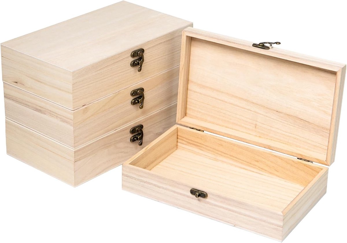 Houten Opbergdozen met Deksel - Set van 4, 25 x 15 x 6 cm, Onbehandeld Hout voor Knutselen, Schilderen en DIY Decoratie