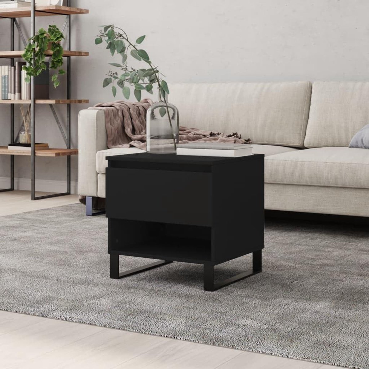 Salontafel Hout - Zijtafel Bank - Woonkamer Opbergen - Praktische Lade - 50 x 50 cm - Zwart