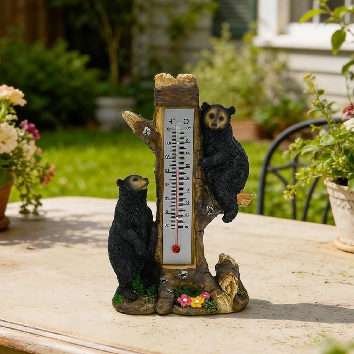 Beren Thermometer Standbeeld - Dierenfiguur Tuindecoratie - Buitentemperatuur Meten - Rustiek Berenontwerp - 21x12x6.5 cm - Zwart