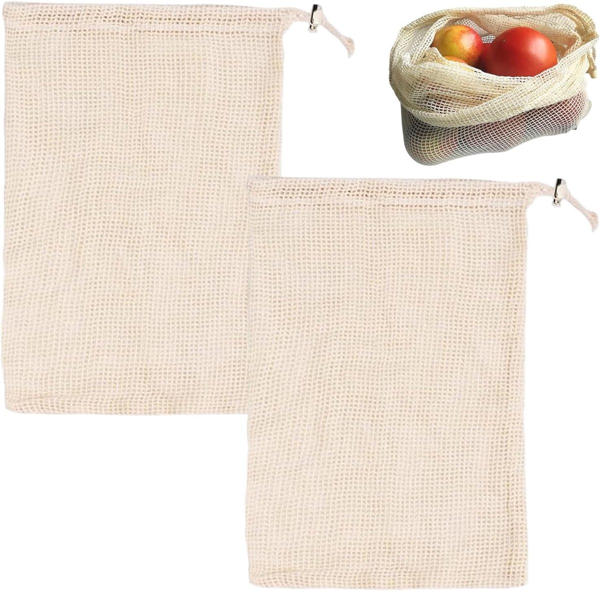 Herbruikbare katoenen kookzakken, 20 x 30 cm, wasbare keukentassen voor fruit, groenten en maaltijden, met trekkoord voor eenvoudig gebruik